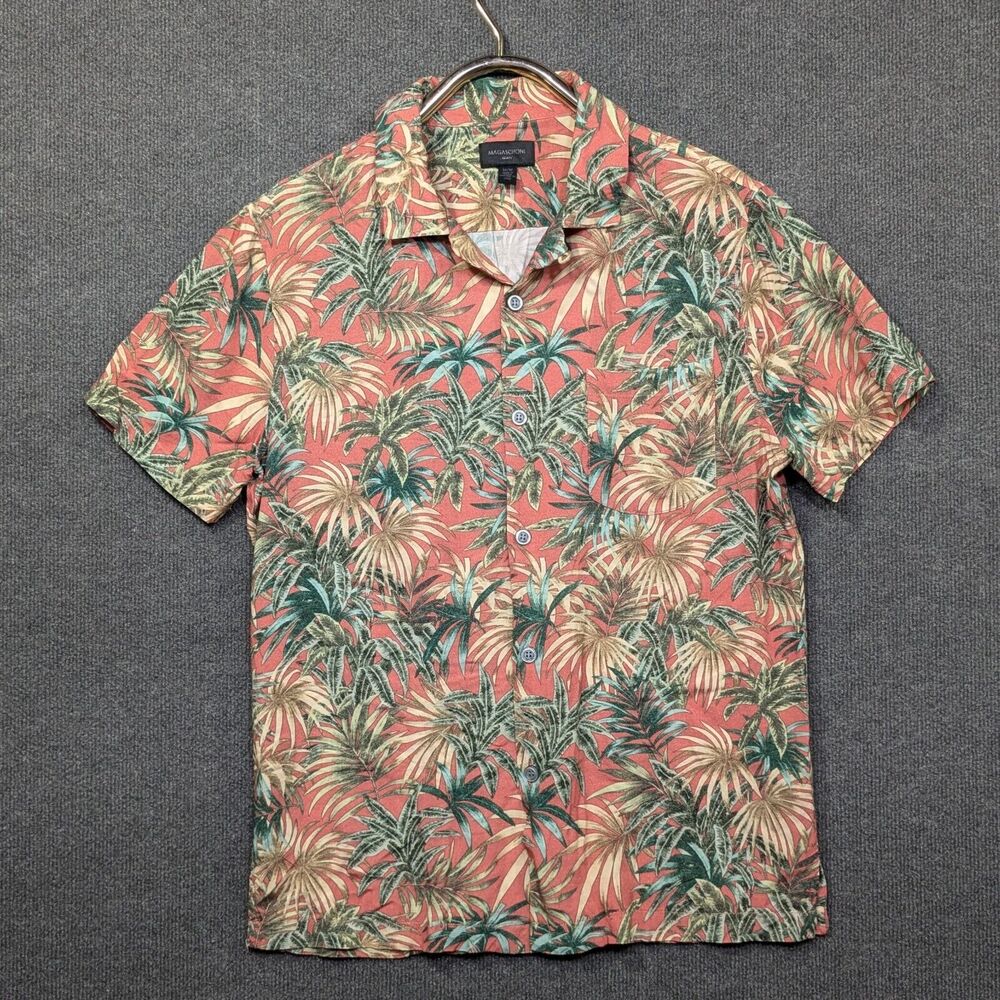 Magaschoni Tropical Shirt Mens Medium Hawaiian Palm Coral Button Lightweight